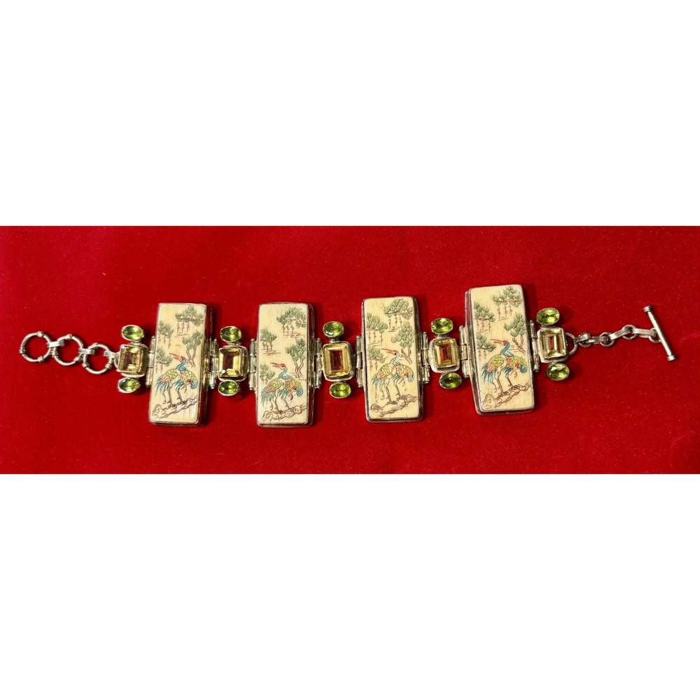 Beautiful Vintage Sterling Silver Hand Painted Chinese Gemstone Bracelet Heavy